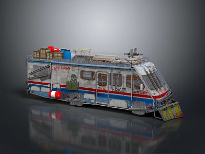 Modified Utility Vehicle With Crates Equipment And Blue White Red Stripes On Reflective Surface 3d model
