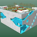 Modern Building Exterior With Gray Walls Blue Stairs Rooftop Trees And Parked Cars