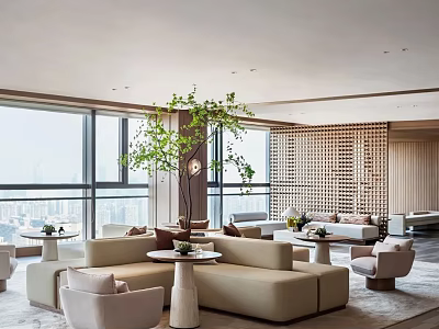 Modern Lounge Area With Large Windows City View Beige Sofas Round Tables And Wooden Screen 3d model