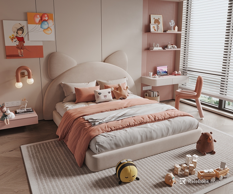 Cute Kids Bed With Cat Ear Headboard Gray Orange Bedding Pink Bookshelf Toys On Rug 3d model 