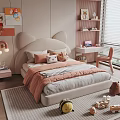Cute Kids Bed With Cat Ear Headboard Gray Orange Bedding Pink Bookshelf Toys On Rug