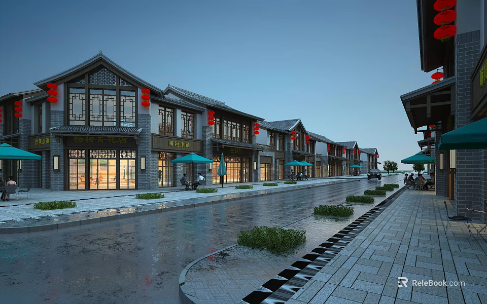 Traditional Commercial Street With Traditional Architecture Red Lanterns Shop Fronts And Stone Paved Path 3d model 