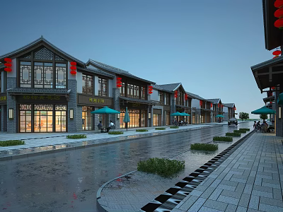 Traditional Commercial Street With Traditional Architecture Red Lanterns Shop Fronts And Stone Paved Path 3d model