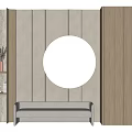 Modern Interior With Wooden Panel Walls Round Mirror And Light Gray Bench 3d model