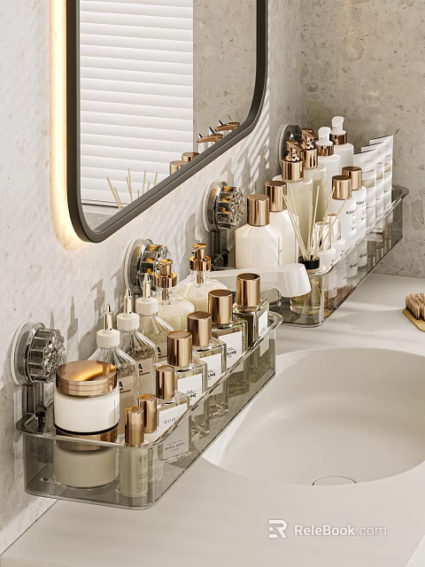 Modern Bathroom Wash Supplies Storage With Wall Mounted Rack Gold Accent Bottles And Marble Top 3d model 