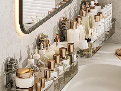 Modern Bathroom Wash Supplies Storage With Wall Mounted Rack Gold Accent Bottles And Marble Top 3d model