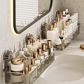 Modern Bathroom Wash Supplies Storage With Wall Mounted Rack Gold Accent Bottles And Marble Top