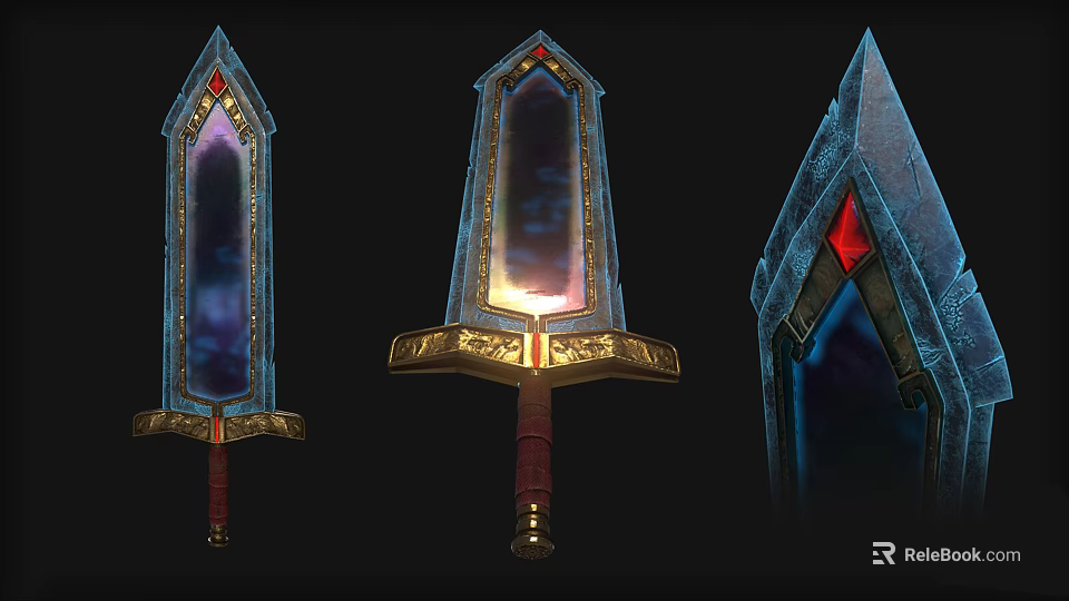Three Fantasy Swords Featuring Gemstone Embedded Luminous Blades Golden Accents And Red Jewels 3d model 