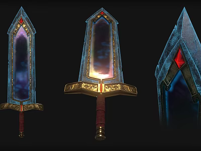 Three Fantasy Swords Featuring Gemstone Embedded Luminous Blades Golden Accents And Red Jewels 3d model