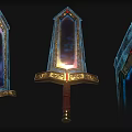 Three Fantasy Swords Featuring Gemstone Embedded Luminous Blades Golden Accents And Red Jewels
