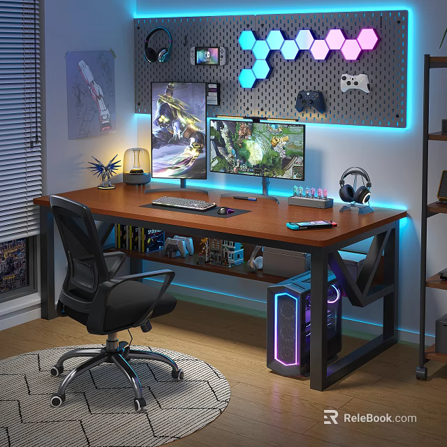 Gaming Desk Setup With Dual Monitors RGB Lighting Headphones And Gaming Accessories 3d model 