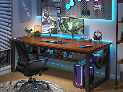Gaming Desk Setup With Dual Monitors RGB Lighting Headphones And Gaming Accessories 3d model