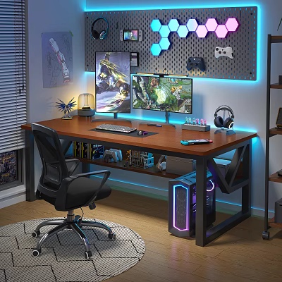 Gaming Desk Setup With Dual Monitors RGB Lighting Headphones And Gaming Accessories 3d model