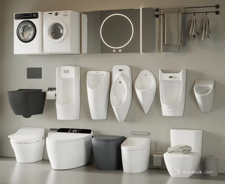 Modern Urinals In Bathroom Display With Various Designs Toilets And Washers 3d model 