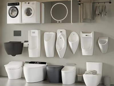 Modern Urinals In Bathroom Display With Various Designs Toilets And Washers 3d model