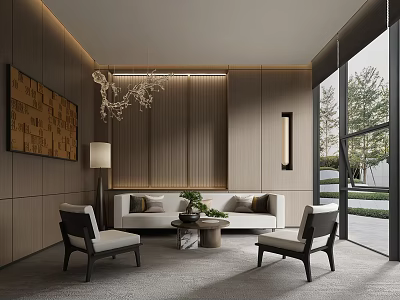 Modern Hotel Public Lounge Area With Wooden Walls Chandelier Sofa And Garden View Through Large Windows 3d model