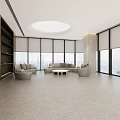 Elegant Modern Office Open Space With Sofas Round Coffee Tables Large Windows And Wooden Bookshelves