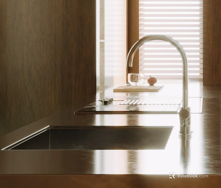 Modern Kitchen With Wooden Cabinets And Sink 3d model