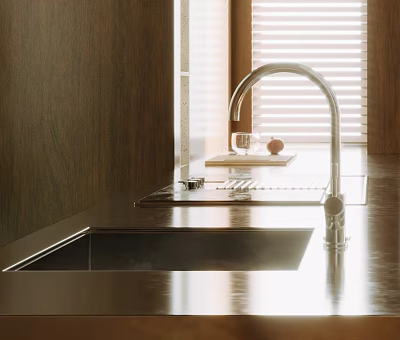 Modern Kitchen With Wooden Cabinets And Sink 3d model