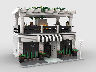 Two Story Brick Building Model With Black White Striped Awning Front Plants And Balcony Figures 3d model