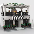 Two Story Brick Building Model With Black White Striped Awning Front Plants And Balcony Figures