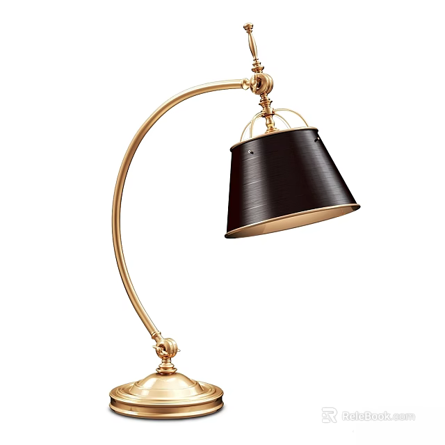 Elegant Gold Table Lamp With Curved Arm Black Lampshade And Base 3d model 