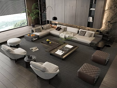 Modern Living Room Sofa And Coffee Table Set With Armchairs Rug And Floor Lamp 3d model