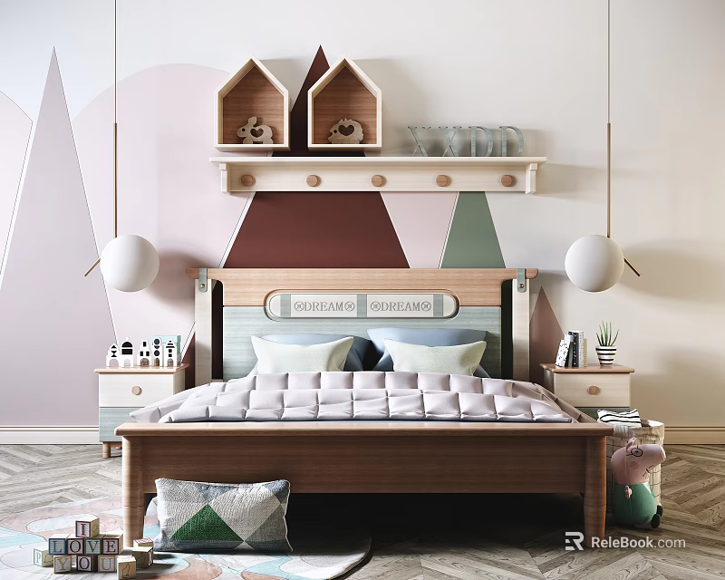 Kids Bed with Dreamland Forest Headboard Colorful Geometric Wall Wooden Frame and White Bedding 3d model 