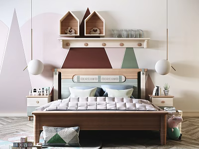Kids Bed with Dreamland Forest Headboard Colorful Geometric Wall Wooden Frame and White Bedding 3d model