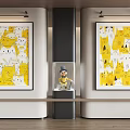 Abstract Painting With Yellow Background And Multiple Cat Figures Displayed On Wall 3d model