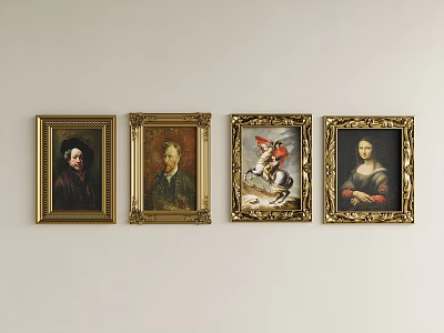 Four Gold Framed Oil Paintings Hanging On Light Colored Wall 3d model