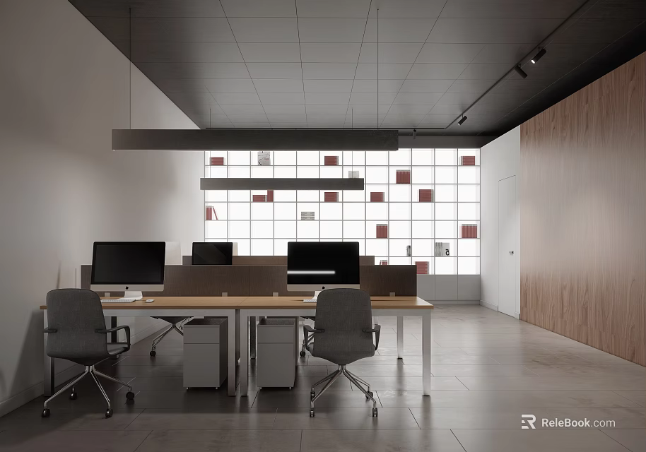 Modern Office Interior Design With Desk Chairs Computers Geometric Windows And Wooden Wall 3d model 