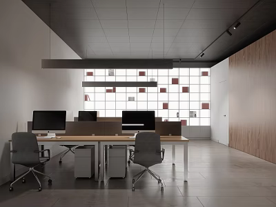 Modern Office Interior Design With Desk Chairs Computers Geometric Windows And Wooden Wall 3d model