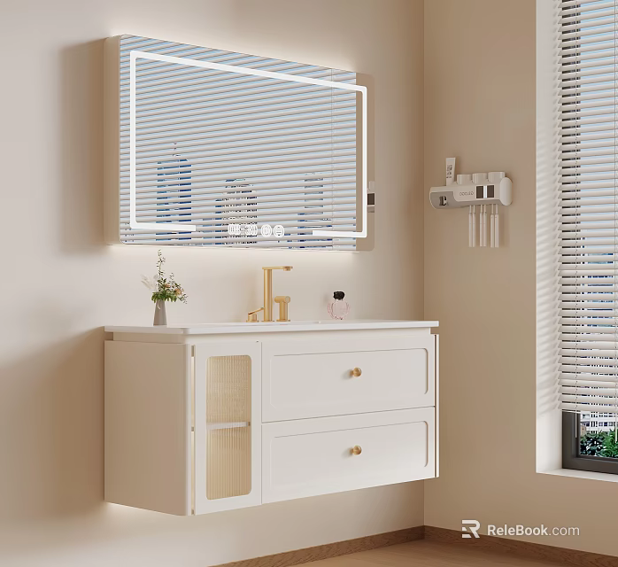 Modern Bathroom Vanity with White Cabinet Gold Faucet Lighted Mirror Drawers Small Plant and Blinds 3d model 