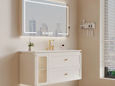 Modern Bathroom Vanity with White Cabinet Gold Faucet Lighted Mirror Drawers Small Plant and Blinds 3d model
