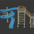 Blue Spiral Water Slide Structure With Wooden Railings And Metal Stairs