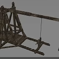 Medieval Wooden Catapult Weapon Featuring Triangular Frame and Swing Bucket Structure 3d model