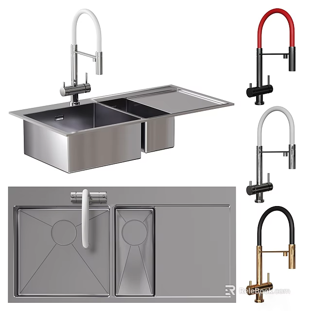 Stainless Steel Double Bowl Kitchen Sink With Various Faucet Styles And Cabinet Design 3d model 