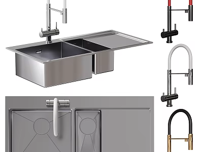 Stainless Steel Double Bowl Kitchen Sink With Various Faucet Styles And Cabinet Design 3d model