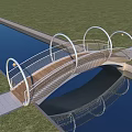 Modern Metal Arch Bridge With Intricate Lattice Design Water Reflection Blue Sky Green Grass
