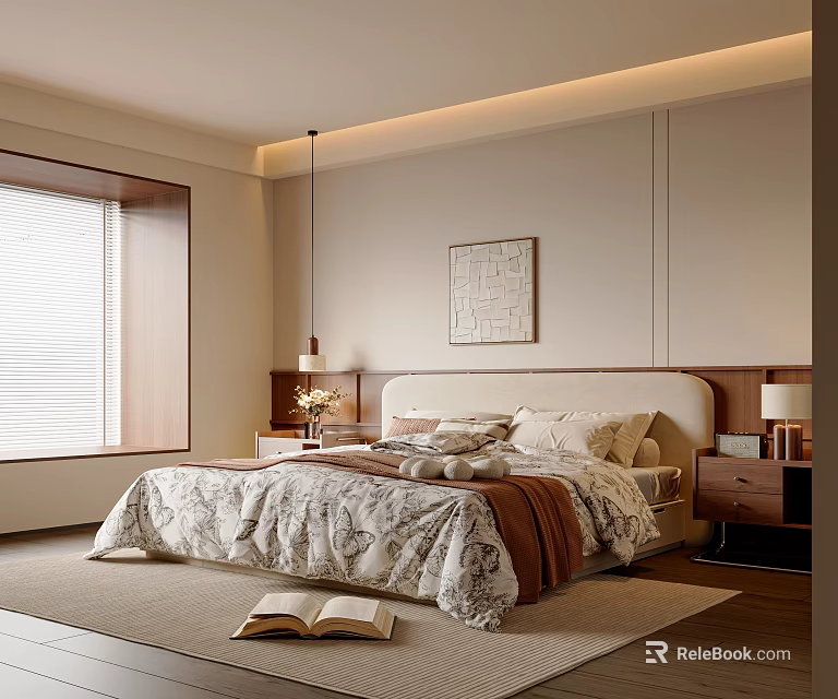Cozy Modern Bedroom Interior With Bedspread Pillows Nightstands Lamps Painting And Window Blinds 3d model 