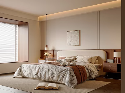 Cozy Modern Bedroom Interior With Bedspread Pillows Nightstands Lamps Painting And Window Blinds 3d model