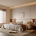 Cozy Modern Bedroom Interior With Bedspread Pillows Nightstands Lamps Painting And Window Blinds