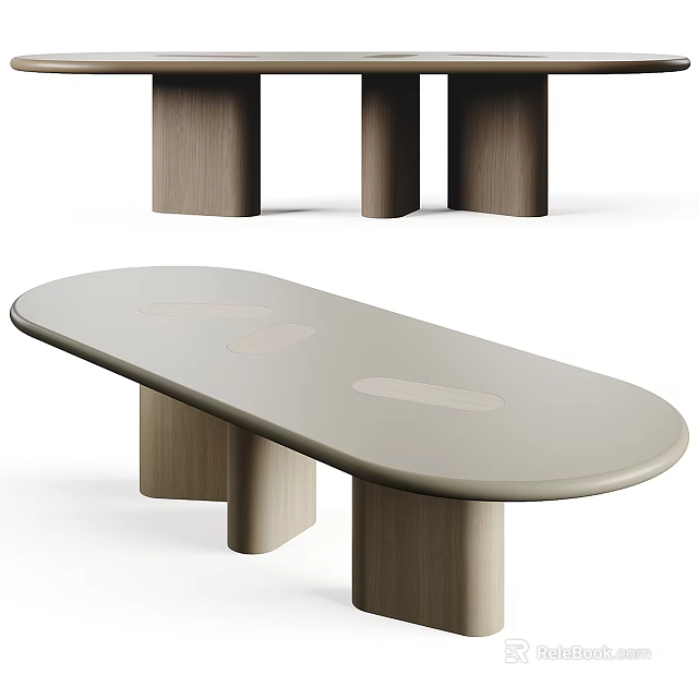 Modern Oval Dining Table With Light Gray Tabletop And Wooden Legs 3d model 
