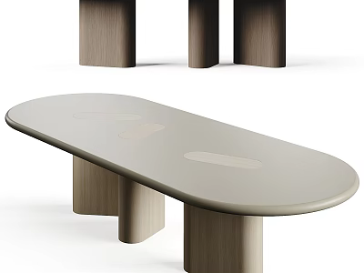 Modern Oval Dining Table With Light Gray Tabletop And Wooden Legs 3d model