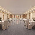 Modern Banquet Hall Interior Design With Round Tables White Tablecloths And Flower Decorations