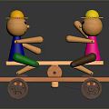 Wooden Seesaw Toy With Two Puppets Wearing Yellow Hats And Wheels