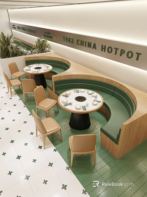 Modern Hotpot Restaurant with Round Dining Tables Green Booths Beige Chairs and Clover-Patterned Flooring 3d model 