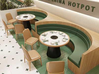 Modern Hotpot Restaurant with Round Dining Tables Green Booths Beige Chairs and Clover-Patterned Flooring 3d model