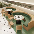 Modern Hotpot Restaurant with Round Dining Tables Green Booths Beige Chairs and Clover-Patterned Flooring
